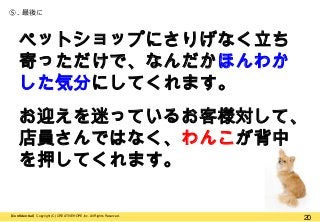 ⑤. 最後に

ペットショップにさりげなく立ち
寄っただけで、なんだかほんわか
した気分にしてくれます。
お迎えを迷っているお客様対して、
店員さんではなく、わんこが背中
を押してくれます。
【Confidential】Copyright (C) CREATIVEHOPE,Inc. All Rights Reserved.

20

 
