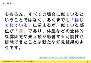 ①. 概 要

もちろん、すべての場合に似ていると
いうことではなく、あくまでも「総じ
て似ている」に留まるが、似ている部
位が「目」であり、体型などの全体的
な雰囲気や先入観が影響する可能性が
排除できたことは新たな知見結果のよ
うです。
2013年10月25日「アンスロズーズ電子版」関連記事
【Confidential】Copyright (C) CREATIVEHOPE,Inc. All Rights Reserved.

5

 