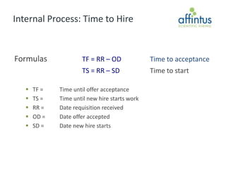 Internal Process: Time to Hire


Formulas              TF = RR – OD              Time to acceptance
                      TS = RR – SD              Time to start

      TF =   Time until offer acceptance
      TS =   Time until new hire starts work
      RR =   Date requisition received
      OD =   Date offer accepted
      SD =   Date new hire starts
 