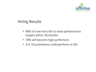Hiring Results

   48% of new hires fail to meet performance
    targets within 18 months
   19% will become high performers
   4 in 10 promotions underperform or fail
 