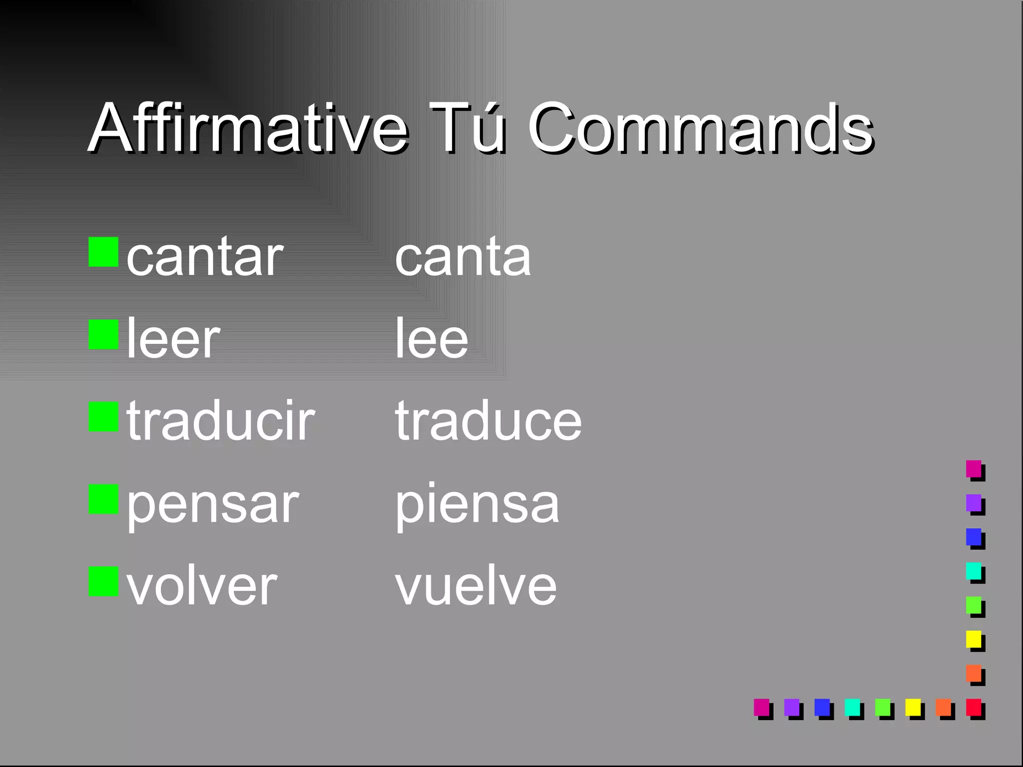 Affirmative Tú Commands cantar canta leer lee traducir traduce pensar piensa volver vuelve