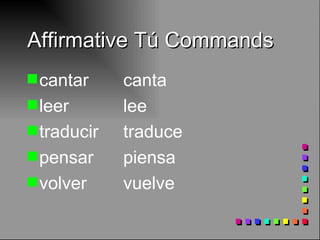 Affirmative Tú Commands cantar canta leer lee traducir traduce pensar piensa volver vuelve 