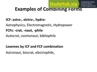 Examples of Combining Forms
ICF: astro-, elctro-, hydro-
Astrophysics, Electromagnetic, Hydropower
FCFs: -crat, -naut, -phile
Autocrat, cosmonaut, bibliophile
Lexemes by ICF and FCF combination
Astronaut, biocrat, electrophile,
 