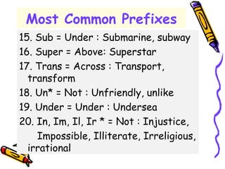 Most Common Prefixes
15. Sub = Under : Submarine, subway
16. Super = Above: Superstar
17. Trans = Across : Transport,
transform
18. Un* = Not : Unfriendly, unlike
19. Under = Under : Undersea
20. In, Im, Il, Ir * = Not : Injustice,
Impossible, Illiterate, Irreligious,
irrational
 