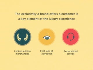 The	
  exclusivity	
  a	
  brand	
  oﬀers	
  
a	
  customer	
  is	
  a	
  key	
  element	
  
of	
  the	
  luxury	
  experience.	
  
They	
  appreciate	
  experiences	
  
such	
  as:	
  Limited-­‐ediAon	
  
merchandise,	
  the	
  ﬁrst	
  look	
  at	
  
a	
  product,	
  and	
  personalized	
  
service.	
  
	
  
 