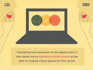 TranslaAng	
  that	
  
experience	
  to	
  the	
  
digital	
  realm	
  is	
  one	
  
reasons	
  luxury	
  
marketers	
  iniAally	
  
balked	
  at	
  the	
  idea	
  of	
  
creaAng	
  virtual	
  
spaces	
  for	
  their	
  
goods.	
  
	
  
 