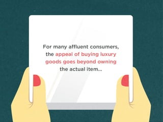 For	
  many	
  aﬄuent	
  consumers,	
  
the	
  appeal	
  of	
  buying	
  luxury	
  
goods	
  goes	
  beyond	
  owning	
  
the	
  actual	
  item…	
  
 