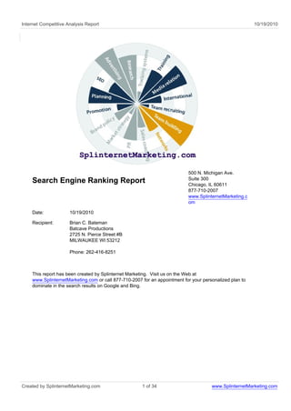 Internet Competitive Analysis Report                                                                     10/19/2010




                                                                           500 N. Michigan Ave.
                                                                           Suite 300
    Search Engine Ranking Report                                           Chicago, IL 60611
                                                                           877-710-2007
                                                                           www.SplinternetMarketing.c
                                                                           om

    Date:             10/19/2010

    Recipient:        Brian C. Bateman
                      Batcave Productions
                      2725 N. Pierce Street #B
                      MILWAUKEE WI 53212

                      Phone: 262-416-8251



    This report has been created by Splinternet Marketing. Visit us on the Web at
    www.SplinternetMarketing.com or call 877-710-2007 for an appointment for your personalized plan to
    dominate in the search results on Google and Bing.




Created by SplinternetMarketing.com                   1 of 34                         www.SplinternetMarketing.com
 