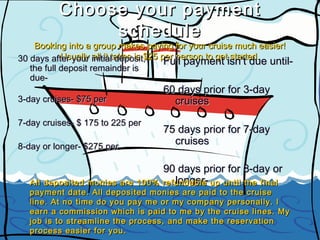 14
Choose your paymentChoose your payment
scheduleschedule
Booking into a group makes paying for your cruise much easier!Booking into a group makes paying for your cruise much easier!
Usually all it takes is $25 per person to get started.Usually all it takes is $25 per person to get started.30 days after your initial deposit,30 days after your initial deposit,
the full deposit remainder isthe full deposit remainder is
due-due-
3-day cruises- $75 per3-day cruises- $75 per
7-day cruises- $ 175 to 225 per7-day cruises- $ 175 to 225 per
8-day or longer- $275 per8-day or longer- $275 per
Full payment isn’t due until-Full payment isn’t due until-
60 days prior for 3-day60 days prior for 3-day
cruisescruises
75 days prior for 7-day75 days prior for 7-day
cruisescruises
90 days prior for 8-day or90 days prior for 8-day or
longer-longer-All deposited monies are 100% refundable up until the finalAll deposited monies are 100% refundable up until the final
payment date. All deposited monies are paid to the cruisepayment date. All deposited monies are paid to the cruise
line. At no time do you pay me or my company personally. Iline. At no time do you pay me or my company personally. I
earn a commission which is paid to me by the cruise lines. Myearn a commission which is paid to me by the cruise lines. My
job is to streamline the process, and make the reservationjob is to streamline the process, and make the reservation
process easier for you.process easier for you.
 