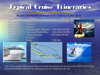 7
Typical Cruise ItinerariesTypical Cruise Itineraries
7-Day Eastern Caribbean Cruise7-Day Eastern Caribbean Cruise
Royal Caribbean International Liberty of the SeasRoyal Caribbean International Liberty of the Seas
Date Port Arrive -DepartDate Port Arrive -Depart
Sat, Sep 26 MiamiSat, Sep 26 Miami --4:30 PM4:30 PM
Sun, Sep 27 At SeaSun, Sep 27 At Sea——
Mon, Sep 28 At SeaMon, Sep 28 At Sea——
Tue, Sep 29 Philipsburg/St. Maarten 9:00 AM-6:00 PMTue, Sep 29 Philipsburg/St. Maarten 9:00 AM-6:00 PM
Wed, Sep 30 San Juan/Puerto Rico 8:00 AM-2:00 PMWed, Sep 30 San Juan/Puerto Rico 8:00 AM-2:00 PM
Thu, Oct 01 Labadi/Labadee 8:00 AM-5:00 PMThu, Oct 01 Labadi/Labadee 8:00 AM-5:00 PM
Fri, Oct 02 At SeaFri, Oct 02 At Sea——
Sat, Oct 03 MiamiSat, Oct 03 Miami 7:00 AM7:00 AM--
http://www.royalcaribbean.com/findacruise/ships/class/ship/home.do;jsessionid=0000UyGSOC3gJahttp://www.royalcaribbean.com/findacruise/ships/class/ship/home.do;jsessionid=0000UyGSOC3gJa
3LhPnX6r4MdOB:12hbiodf7?br=R&shipClassCode=FR&shipCode=LB3LhPnX6r4MdOB:12hbiodf7?br=R&shipClassCode=FR&shipCode=LB
 