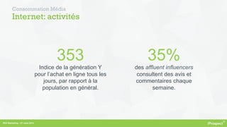 RDV Marketing – 27 mars 2014
Consommation Média
Internet: activités
353
Indice de la génération Y
pour l’achat en ligne tous les
jours, par rapport à la
population en général.
35%
des affluent influencers
consultent des avis et
commentaires chaque
semaine.
 