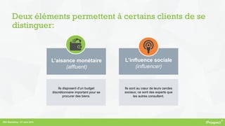 RDV Marketing – 27 mars 2014
Deux éléments permettent à certains clients de se
distinguer:
L’aisance monétaire
(affluent)
L’influence sociale
(influencer)
Ils disposent d’un budget
discrétionnaire important pour se
procurer des biens.
Ils sont au cœur de leurs cercles
sociaux; ce sont des experts que
les autres consultent.
 