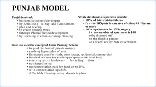 PUNJAB MODEL
Punjab involved;
• builders/colonisers/developers
• by permitting to buy land from farmers
• plan and develop
• to create housing stock
• through Plotted/flatted development
• by licensing of colonies/Group Housing
State also used the concept of Town Planning Scheme
• to pool the land of private owners
• evolving layout plan of area
• Earmarked area for roads, open spaces, residential, commercial
• Retained the area for roads/open spaces with local body
• returningrest to landowner for selling plots
• no charges levied
• n o compensation paid for land up to 25%,
• with compensation upto35%
• Affordable Housing policy already in place
Private developers required to provide;
• 10% of total residential area
• for the EWSplots in case area of colony 40 Hectare
or more
• 10% apartments for EWScategory
in case number of apartment is 100
tobe disposed off
to the eligible persons
at a price fixed by State government.
 