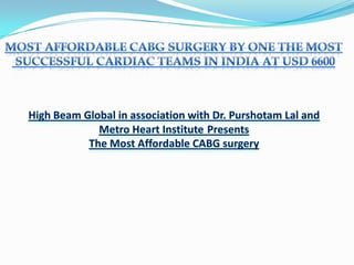 Most Affordable CABG Surgery by one the Most  Successful Cardiac Teams in India At USD 6600 High Beam Global in association with Dr. Purshotam Lal andMetro Heart InstitutePresents The Most Affordable CABG surgery 