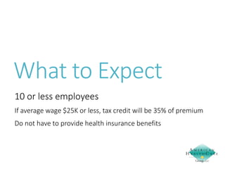 What to Expect
10 or less employees
If average wage $25K or less, tax credit will be 35% of premium

Do not have to provide health insurance benefits

 