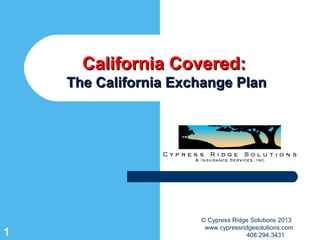 1
California Covered:California Covered:
The California Exchange PlanThe California Exchange Plan
© Cypress Ridge Solutions 2013
www.cypressridgesolutions.com
408.294.3431
 