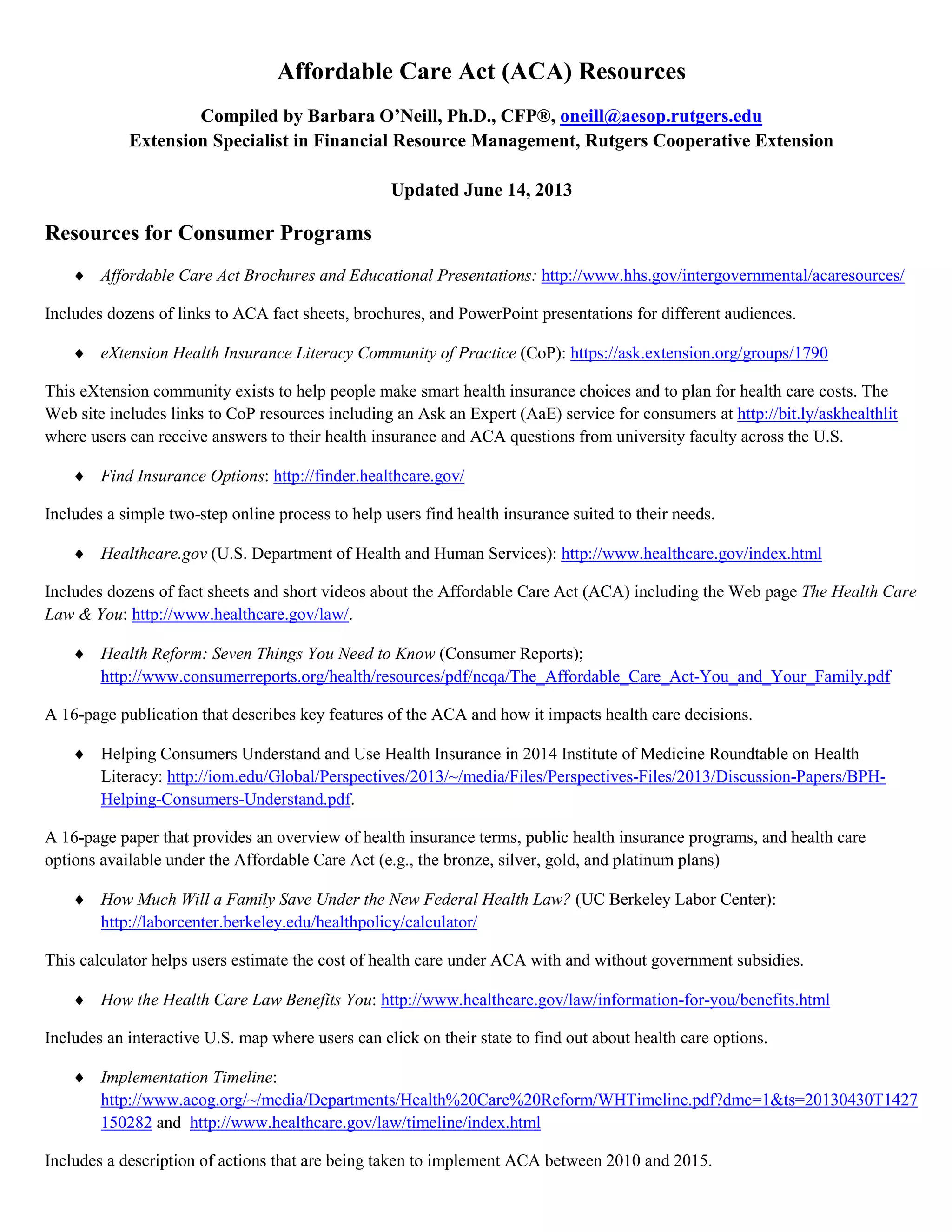 Affordable Care Act Resources 06-13-revised | PDF