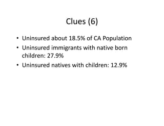 Clues (6)
• Uninsured about 18.5% of CA Population
• Uninsured immigrants with native born 
  children: 27.9%
• Uninsured natives with children: 12.9%
 