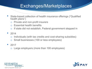 Exchanges/Marketplaces
•

•
•

State-based collection of health insurance offerings (―Qualified
health plans‖)
o Private and non-profit insurers
o Essential health benefits
o If state did not establish, Federal government stepped in
2014
o Individuals (with tax credits and cost-sharing subsidies)
o Small businesses (100 or less employees)
2017
o Large employers (more than 100 employees)

10 |

©2012 Seyfarth Shaw LLP

 