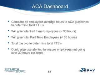 ACA Dashboard
•
•
•
•
•

Compare all employees average hours to ACA guidelines
to determine total FTE’s
Will give total Full Time Employees (> 30 hours)
Will give total Part Time Employees (< 30 hours)
Total the two to determine total FTE’s
Could also use alerting to ensure employees not going
over 30 hours per week

52

 