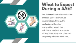 The substance abuse evaluation
process typically involves
several steps. Firstly, the
evaluator will gather
information about the
individual's substance abuse
history, including the type and
frequency of substance use,
What to Expect
During a SAE?
 
