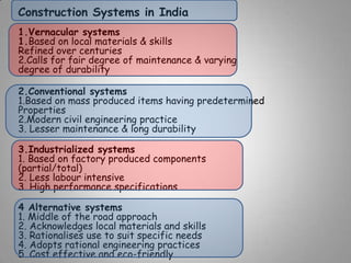 Construction Systems in India
1.Vernacular systems
1.Based on local materials & skills
Refined over centuries
2.Calls for fair degree of maintenance & varying
degree of durability

2.Conventional systems
1.Based on mass produced items having predetermined
Properties
2.Modern civil engineering practice
3. Lesser maintenance & long durability

3.Industrialized systems
1. Based on factory produced components
(partial/total)
2. Less labour intensive
3. High performance specifications

4 Alternative systems
1. Middle of the road approach
2. Acknowledges local materials and skills
3. Rationalises use to suit specific needs
4. Adopts rational engineering practices
5. Cost effective and eco-friendly
 