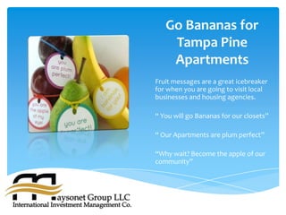 Go Bananas for
    Tampa Pine
    Apartments
Fruit messages are a great icebreaker
for when you are going to visit local
businesses and housing agencies.

“ You will go Bananas for our closets”

“ Our Apartments are plum perfect”

“Why wait? Become the apple of our
community”
 