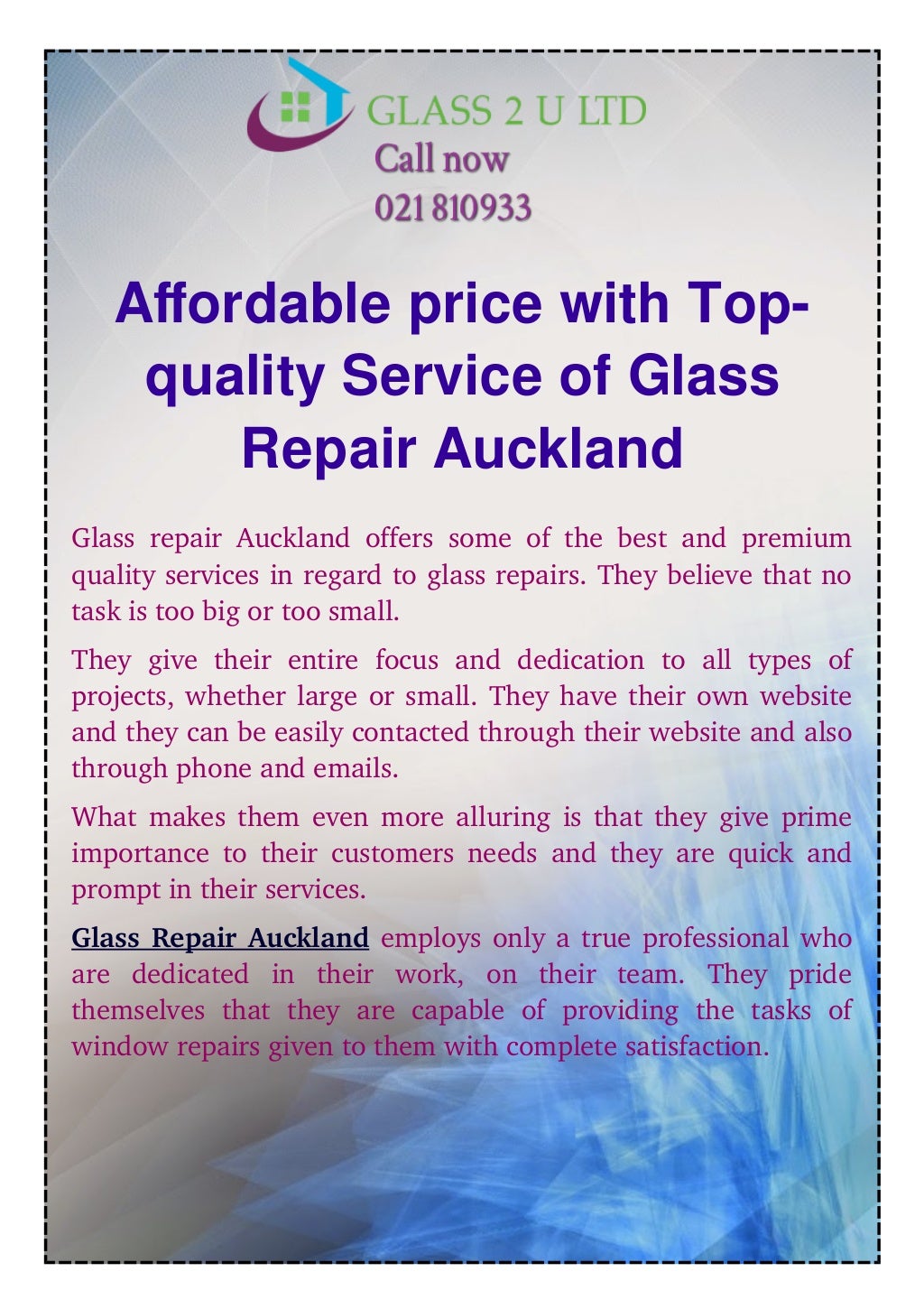 Affordable price with top quality service of glass repair auckland