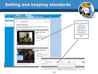 Setting and keeping standards
                                           eBMS




                                Have imbedded
                                     video or
                                   information
                                   buttons to
                                  show what is
                                    expected.
                                „Training on the
                                       job‟




                     20
 
