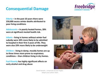 Consequential Damage

Elderly – in the past 10 years there were
250,000 excess winter deaths attributed to
poor living conditions

Adolescents – in poorly heated homes, 28%
were at significant mental health risk.

Infants - living in homes without winter fuel
subsidy were 30% more likely to be admitted
to hospital in their first 3 years of life. They
were also 29% more likely to be underweight

Children - living in damp, mouldy homes are up
to three times more prone to respiratory
conditions – than children living in dry homes.

Fuel Poverty has highly significant effects on
early alcohol and drug abuse

                                  David Daniels - University of East Anglia -
                                         Adapt Low Carbon Team
 