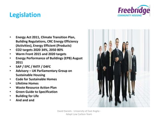 Legislation


•   Energy Act 2011, Climate Transition Plan,
    Building Regulations, CRC Energy Efficiency
    (Activities), Energy Efficient (Products)
•   CO2 targets 2020 34%, 2050 80%
•   Warm Front 2015 and 2020 targets
•   Energy Performance of Buildings (EPB) August
    2011
•   SAP / EPC / R4TF / D4FC
•   Advisory – UK Parliamentary Group on
    Sustainable Housing
•   Code for Sustainable Homes
•   Lifetime Homes
•   Waste Resource Action Plan
•   Green Guide to Specification
•   Building for Life
•   And and and


                               David Daniels - University of East Anglia -
                                      Adapt Low Carbon Team
 