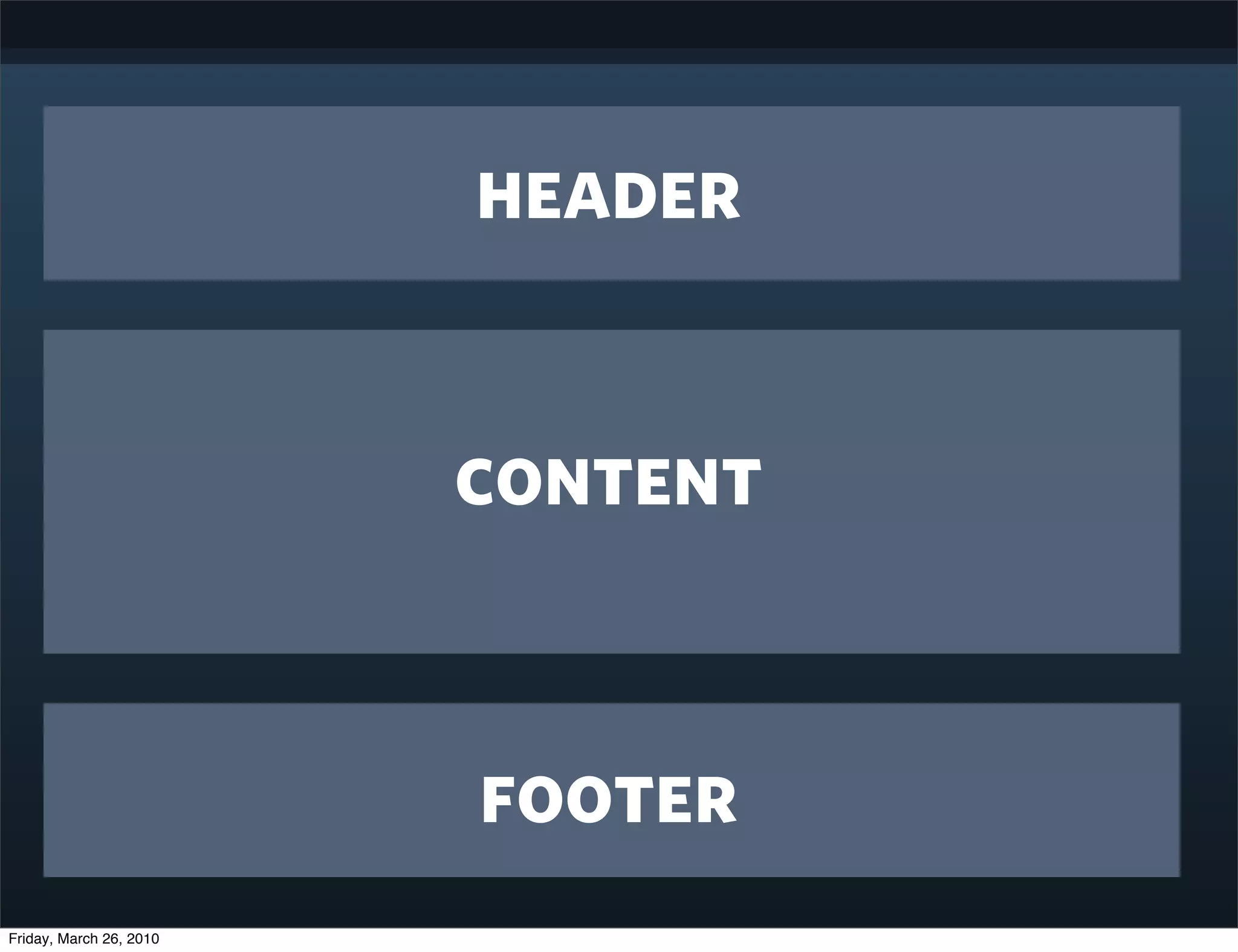 header


                         content


                         footer
Friday, March 26, 2010
 