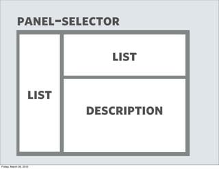 panel–selector

                               list

                     list
                            description


Friday, March 26, 2010
 