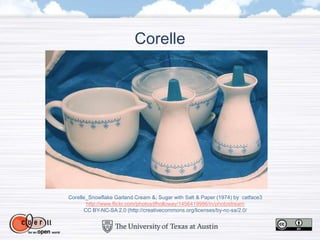 Corelle
Corelle_Snowflake Garland Cream &; Sugar with Salt & Paper (1974) by catface3
http://www.flickr.com/photos/jfholloway/1456419986/in/photostream
CC BY-NC-SA 2.0 (http://creativecommons.org/licenses/by-nc-sa/2.0/
 
