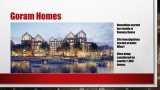 Goram Homes
Demolition started
last month at
Romney House
Site investigations
started at Baltic
Wharf
Sites being
considered for
another 1,000
homes
 