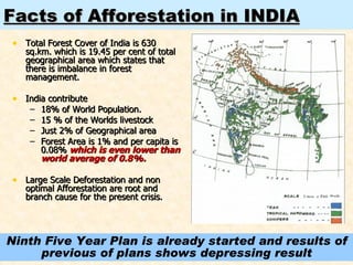 Facts of Afforestation in INDIA Total Forest Cover of India is 630 sq.km. which is 19.45 per cent of total geographical area which states that there is imbalance in forest management. India contribute  18% of World Population. 15 % of the Worlds livestock Just 2% of Geographical area Forest Area is 1% and per capita is 0.08%  which is even lower than world average of 0.8%. Large Scale Deforestation and non optimal Afforestation are root and branch cause for the present crisis. Ninth Five Year Plan is already started and results of previous of plans shows depressing result 