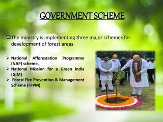GOVERNMENT SCHEME
The ministry is implementing three major schemes for
development of forest areas
 National Afforestation Programme
(NAP) scheme,
 National Mission for a Green India
(GIM)
 Forest Fire Prevention & Management
Scheme (FFPM).
 