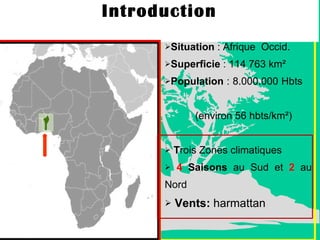 Situation  : Afrique  Occid. Superficie  : 114 763 km² Population  : 8.000.000 Hbts  (environ 56 hbts/km²) T rois Zones climatiques   4   Saisons  au Sud et  2  au Nord Vents:  harmattan Introduction 