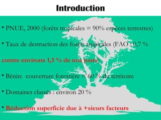 Introduction PNUE, 2000 (forêts tropicales = 90% espèces terrestres) Taux de destruction des forêts tropicales (FAO : 0,7 %  contre environs 1,5 % de nos jours ) Bénin:  couverture forestière = 60 % du territoire  Domaines classés : environ 20 %  Réduction superficie due à +sieurs facteurs  