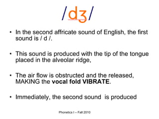 In the second affricate sound of English, the first sound is / d /. This sound is produced with the tip of the tongue placed in the alveolar ridge,  The air flow is obstructed and the released, MAKING the  vocal fold VIBRATE . Immediately, the second sound  is produced 