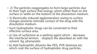• 2) The particles reaggregates to form large particles due
to their high surface free energy, which either float on the
surface or settle on the bottom of the dissolution medium.
• 3) Electrically induced agglomeration owing to surface
charges prevents intimate contact of the drug with the
dissolution medium.
• Such hydrophobic drugs can be converted to their
effective surface area.
• a) Use of surfactant as a wetting agent which - decrease
the interfacial tention. - displace the absorbed air with the
solvent. Eg. phenacetin
• b) Add hydrophilic diluents like PEG, PVP, dextrose etc.
which coat the surface of hydrophobic drug particles.
 