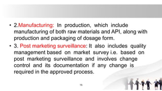 • 2.Manufacturing: In production, which include
manufacturing of both raw materials and API, along with
production and packaging of dosage form.
• 3. Post marketing surveillance: It also includes quality
management based on market survey i.e. based on
post marketing surveillance and involves change
control and its documentation if any change is
required in the approved process.
15
 