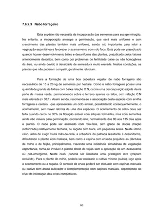 60 
7.6.2.3 Nabo forrageiro 
Esta espécie não necessita da incorporação das sementes para sua germinação. 
No entanto, a incorporação antecipa a germinação, que será mais uniforme e com 
crescimento das plantas também mais uniforme, sendo isto importante para inibir a 
vegetação espontânea e favorecer o acamamento com rolo faca. Este pode ser prejudicado 
quando houver desenvolvimento baixo e desuniforme das plantas, prejudicado pelos fatores 
anteriormente descritos, bem como por problemas de fertilidade baixa ou não homogênea 
da área, ou ainda devido à densidade de semeadura muito elevada. Nestas condições, as 
plantas que não puderam competir, geralmente rebrotam. 
Para a formação de uma boa cobertura vegetal de nabo forrageiro são 
necessários de 15 a 20 kg de sementes por hectare. Como o nabo forrageiro possui uma 
quantidade grande de folhas com baixa relação C:N, ocorre uma decomposição rápida desta 
parte da massa verde, permanecendo sobre o terreno apenas os talos, com relação C:N 
mais elevada (> 30:1). Assim sendo, recomenda-se a associação desta espécie com ervilha 
forrageira e centeio, que apresentam um ciclo similar, possibilitando consequentemente, o 
acamamento, sem haver rebrota de uma das espécies. O acamamento do nabo deve ser 
feito quando cerca de 30% da floração estiver com síliquas formadas, mas com sementes 
ainda não viáveis para germinação, ocorrendo isto, normalmente dos 90 aos 135 dias após 
o plantio. O nabo pode ser acamado com rolo-faca, com grade de discos (tração 
motorizada) relativamente fechada, ou roçado com foice, em pequenas áreas. Neste último 
caso, além de exigir muita mão-de-obra, a cobertura da palhada resultante é desuniforme, 
dificultando o plantio com matraca, bem como a capina com enxada prejudica as plântulas 
de milho e de feijão, principalmente. Havendo uma incidência simultânea de vegetação 
espontânea, torna-se inviável o plantio direto de feijão sem a aplicação de um dessecante 
ou pós-emergente. Neste caso, poderia ser realizada uma gradagem leve (preparo 
reduzido). Para o plantio do milho, poderia ser realizado o cultivo mínimo (sulco), logo após 
o acamamento ou a roçada. O controle de ervas poderá ser efetuado com capinas manuais 
ou cultivo com arado cultivador e complementação com capinas manuais, dependendo do 
nível de infestação das ervas competitivas. 
 