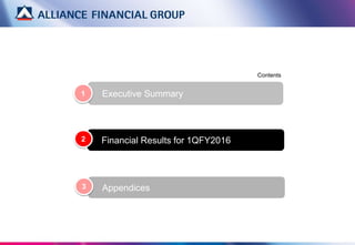 Executive Summary
Contents
1
Financial Results for 1QFY20162
Appendices3
 