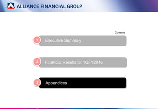 Executive Summary
Contents
1
Financial Results for 1QFY20162
Appendices3
 