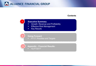 Executive Summary
 Growth: Revenue and Profitability
 Effective Risk Management
 Key Results
Contents
Going Forward
 FY17: Priorities and Targets
2
1
Appendix - Financial Results:
 1Q FY2017
3
 