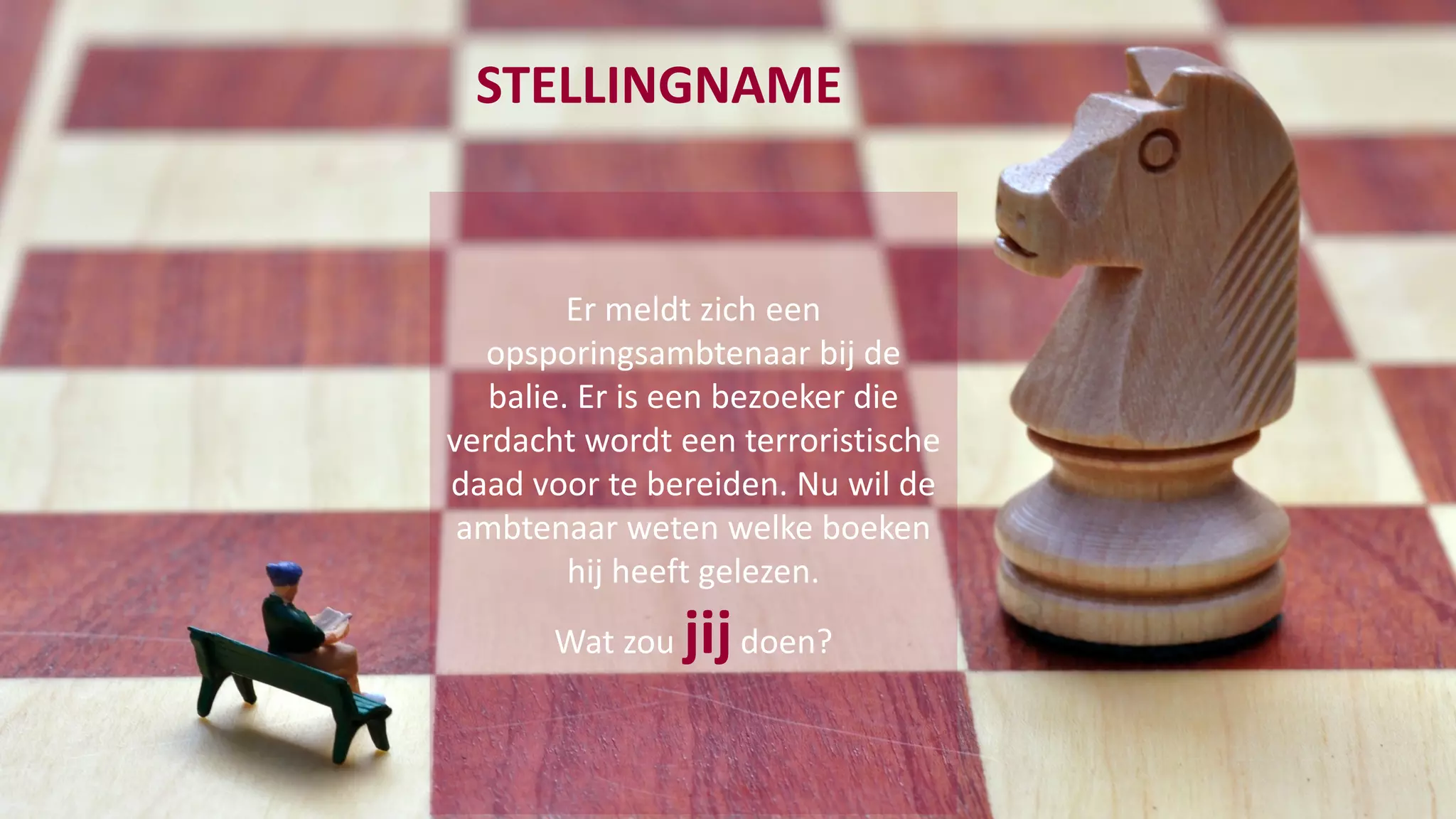 Er meldt zich een
opsporingsambtenaar bij de
balie. Er is een bezoeker die
verdacht wordt een terroristische
daad voor te bereiden. Nu wil de
ambtenaar weten welke boeken
hij heeft gelezen.
Wat zou jijdoen?
STELLINGNAME
 