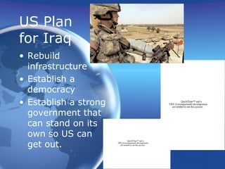 US Plan
for Iraq
• Rebuild
infrastructure
• Establish a
democracy
• Establish a strong
government that
can stand on its
own so US can
get out.
QuickTime™ and a
TIFF (Uncompressed) decompressor
are needed to see this picture.
QuickTime™ and a
TIFF (Uncompressed) decompressor
are needed to see this picture.
 