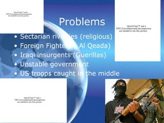 Problems
• Sectarian rivalries (religious)
• Foreign Fighters ( Al Qeada)
• Iraqi insurgents (Guerillas)
• Unstable government
• US troops caught in the middle
QuickTime™ and a
TIFF (Uncompressed) decompressor
are needed to see this picture.
QuickTime™ and a
TIFF (Uncompressed) decompressor
are needed to see this picture.
QuickTime™ and a
TIFF (Uncompressed) decompressor
are needed to see this picture.
 