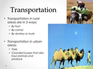 TTrraannssppoorrttaattiioonn 
• Transportation in rural 
areas are in 3 ways: 
o By foot 
o By camel 
o By donkey or mule 
• Transportation in urban 
areas: 
o Taxis 
o Crowded busses that also 
haul animals and 
produce 
 